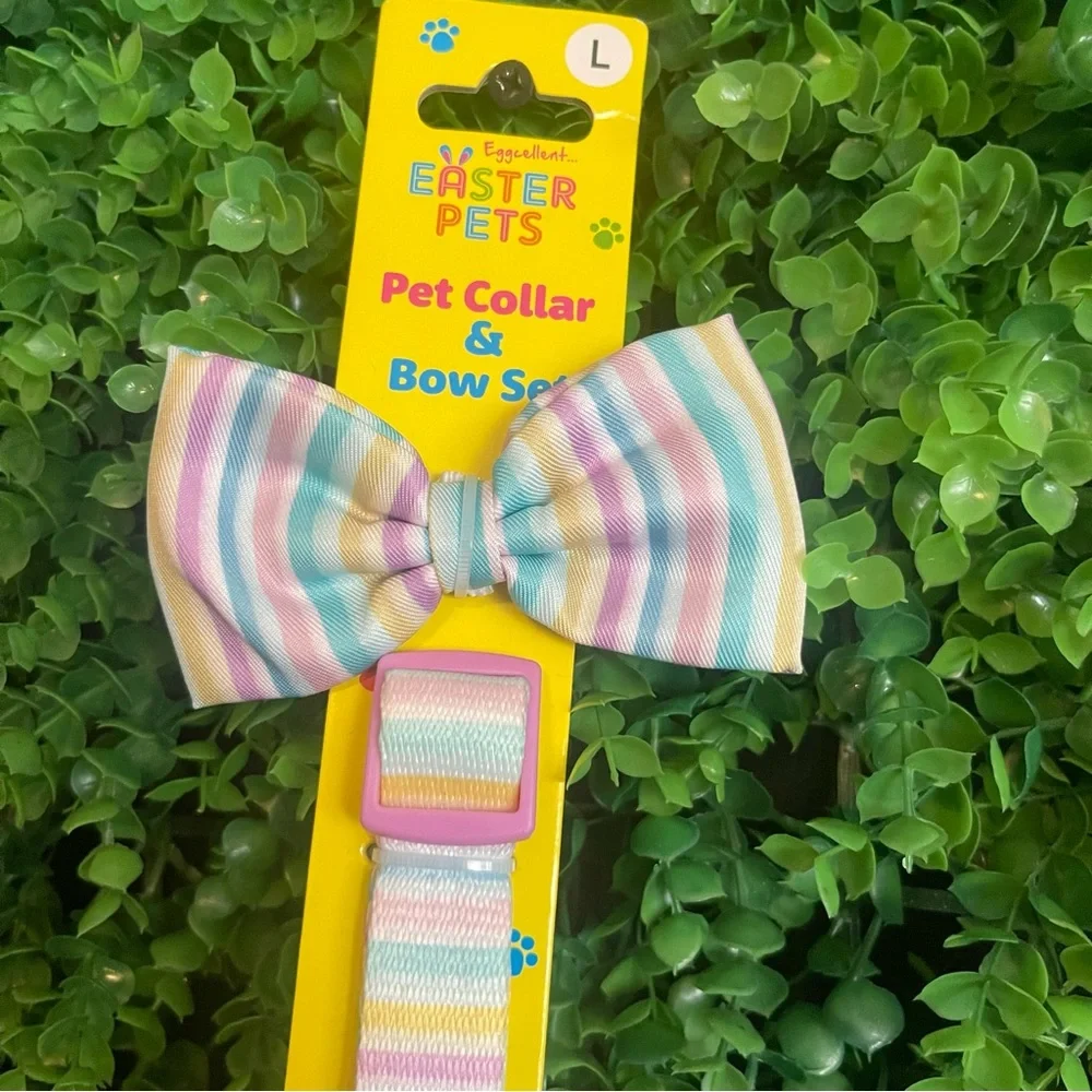 Pastel Stripes Bow Tie & Collar Set Eggcellent Easter Pets Large NEW